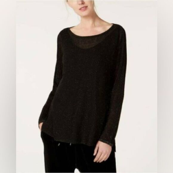 Eileen Fisher Black/Gold Bateau Neck Linen Crepe Tunic Metallic Thread Size Med - Picture 3 of 15